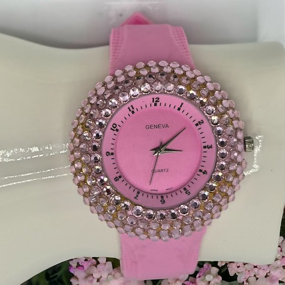 Geneva Crystal Pink Large Face Statement Watch with Japanese Quartz Movement - Picture 3 of 6